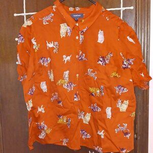 Modcloth Orange Cat Blouse Button Down 4x